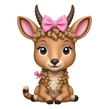 cute gazzelle with curly fur, sitting down, wearing a pink bow on its head.   sticker