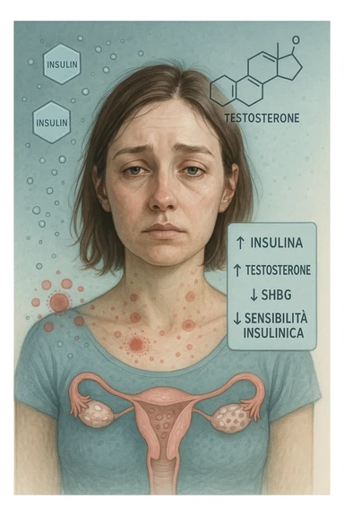 Donna tra i 25 e i 35 anni in primo piano, con espressione affaticata. Intorno al suo corpo appaiono in modo stilizzato e simbolico squilibri ormonali: molecole di insulina in eccesso fluttuano attorno, androgeni (testosterone) evidenziati sopra la testa, segnali visivi di infiammazione cronica lieve. Sopra le ovaie (visibili in trasparenza) compaiono piccole cisti multiple. Accanto a lei, un diagramma stilizzato mostra: '↑ Insulina', '↑ Testosterone', '↓ SHBG', '↓ Sensibilità insulinica'. L’atmosfera è scientifica, educativa ma empatica. Stile realistico con elementi infografici fluttuanti e colori freddi ma puliti. sticker