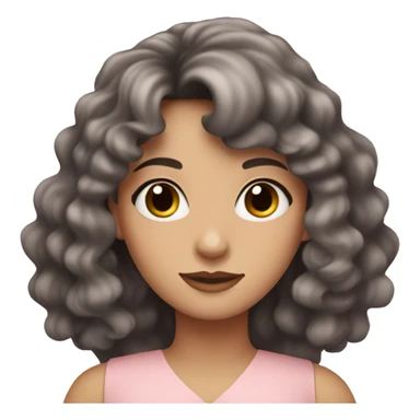 White woman with long black curly hair and bangs and dark brown eyes, wearing a pastel pink dress sticker