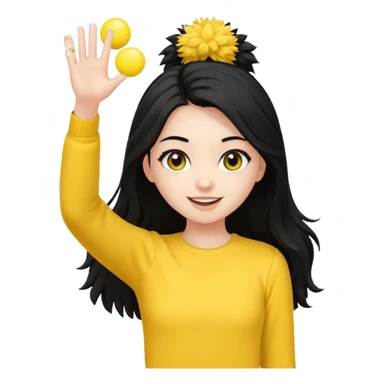 A long black hair teen girl waving pom-poms, eyes sparkling with excitement, yellow top sticker