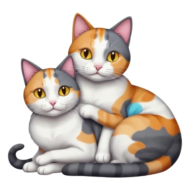 full body large dark grey and white cat cuddling a colourful light patched calico + white tabby cat  sticker