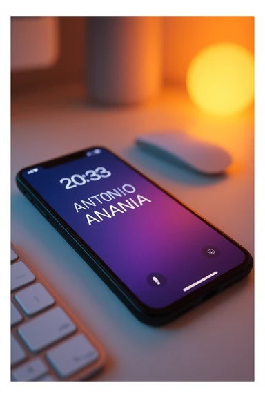 A photo of an iPhone on the desk with the message "Antonio Anania" on its screen, The phone sits atop a desk with a blurred background that suggests work environment. A faint glow from above casts gentle shadows across the surface of each object, creating depth and highlighting their textures sticker