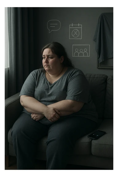 Donna tra i 30 e i 40 anni seduta sola su un divano, con espressione malinconica e corpo visibilmente appesantito. Indossa abiti larghi, avvolgenti, e guarda fuori dalla finestra mentre il telefono è spento o con notifiche ignorate accanto a lei. Sullo sfondo, si notano segnali di vita sociale assente: messaggi non letti, inviti ignorati, foto di gruppo a cui non partecipa. L’atmosfera è silenziosa, con luce grigia e ambiente spento. Intorno a lei, simboli di ritiro e insicurezza: tende chiuse, specchio coperto, postura chiusa. Stile realistico, tono delicato ed emotivo sticker
