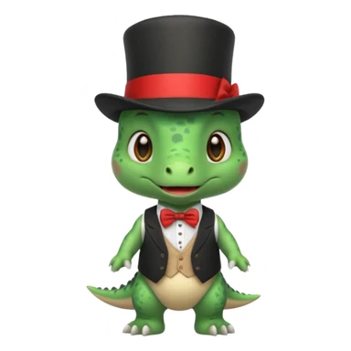 Steampunk:a very cute and adorable green anthropomorphic baby dinosaur with a red top hat sticker