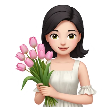  A girl Squint your eyes and smile with a black half-up half-down hairstyle, and a white dress, enjoying the spring breeze.Holding a bundle of pink tulips sticker
