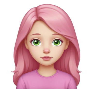 Pale girl, pink nose, cheeks, nose, chin, long light brown hair, Pink full lips, doe eyes, light green eyes wearing cute pink shirt sticker