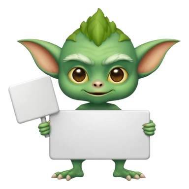 A gremlin holding a large blank sign sticker