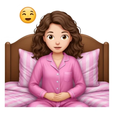 aestethic brunette wavy hair, waking up with a pink pajama sticker