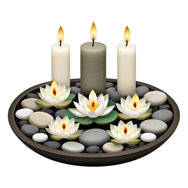 A photorealistic icon featuring lotus flowers, burning incense sticks, smooth round sea stones, and multiple small round candles arranged in a calming, tranquil setting. Soft, peaceful colors with detailed textures that evoke mindfulness and inner peace. Transparent background. sticker