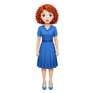 una profesora mayor simpática con el pelo rojo rizado, ojos azules, vestido azul y pendientes azules hablando altura completa sticker