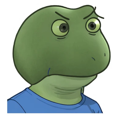 A guy with a slight squint, dark slightly gray hair and a model haircut, brown eyes, a slightly hooked nose and a smile. He's wearing a blue T-shirt. sticker