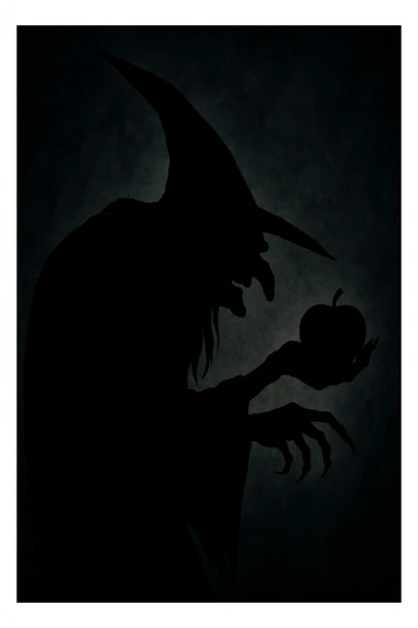 Snow White witch, stylized silhouette, hunched posture, pointed hat, dramatic shadows sticker