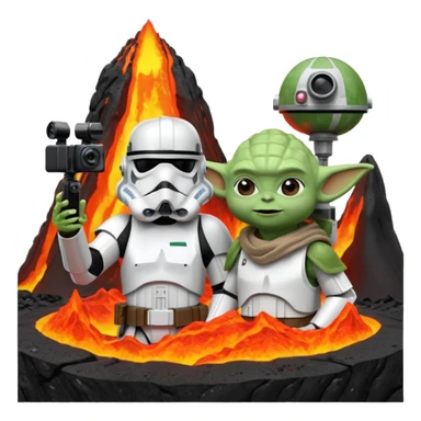 stormtrooper and Yoda posing for a selfie on a lava planet, camera POV sticker