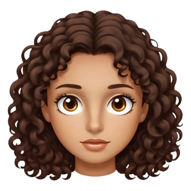 Dark brown hair, brown eyes, light freckles, tanned skin, long eyelashes, small lips, and medium-length curly hair. sticker