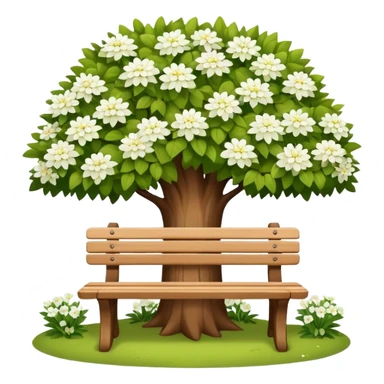 beautiful bench against the background of a tree with blooming white flowers sticker
