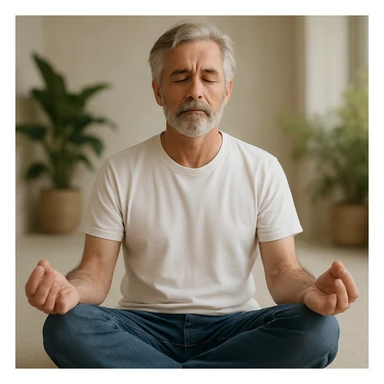 white man with grey hair and beard, meditating pose, white t-shirt, blue jeans, calm setting sticker