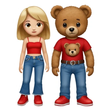 A boy and a girl teddy bear for the boy bear put on true religion shirt and jeans with black shoes and for the girl put flare jeans and a red tube top and white shoes just bears not the humans  sticker