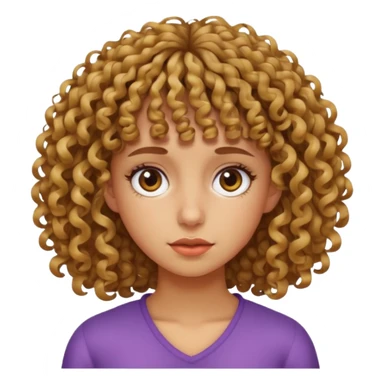 Fais un emoji d une fille avec les cheveux bouclés et une frange bouclés tordu mal faite la fille doit etre un peu mate de peau sticker