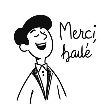 laughing man with black beret, friendly style, the word 'Merci' in playful font, text clearly visible, hand-drawn notion style sticker
