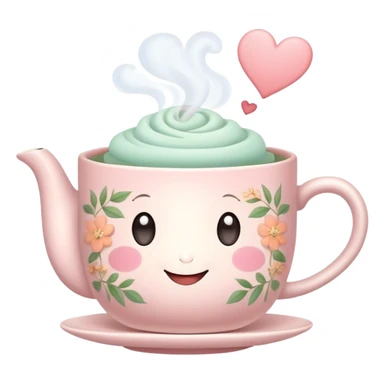 Cute Kawaii Tea Cup, steaming with warmth, a charming smiling face, soft pastel tones, delicate floral patterns, a tiny heart-shaped tea bag tag, cozy and inviting! sticker