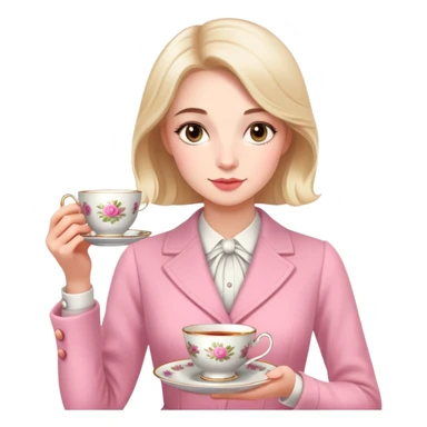 British girl elegantly holding teacup with one hand, pinky slightly raised, proper tea etiquette sticker