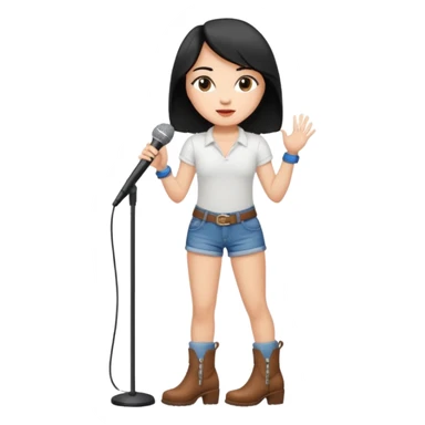 Crie uma cantora morena charmosa de shortes top e bota com microfone branca e cabelo preto sticker