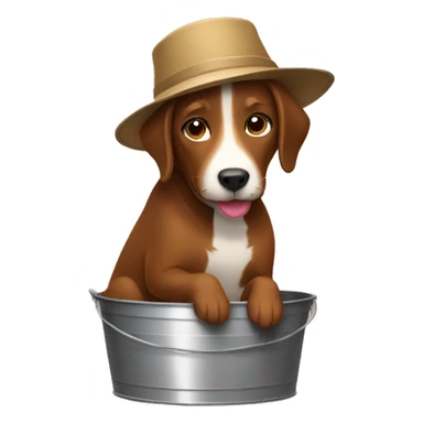 Brown dog wearing a bucket sticker