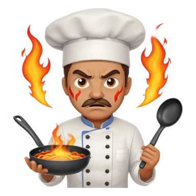angry chef with flames in eyes, confidently crossing two frying pans across chest sticker