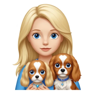 Blond Mom with a little blue eyed girl. The girl has long blonde hair. And there is one dog. The dog  is a tricolora king cavalier charles spaniel  sticker