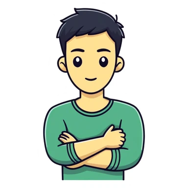 Guy with crossed arms holding neck not smiling  sticker