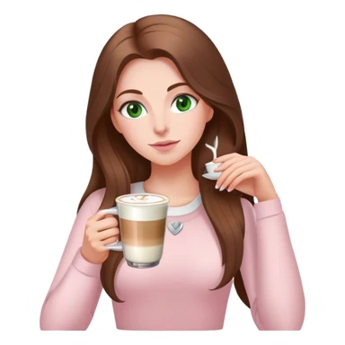pretty woman with very long brown hair and green eyes and light pink outfit drinking a latte sticker