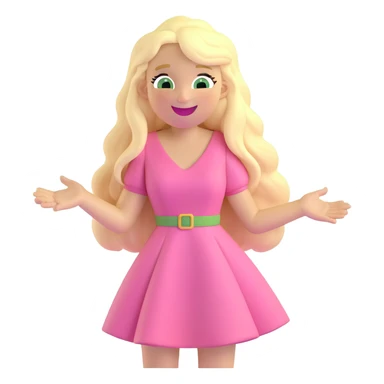 blonde with long hair and swamp eyes in a pink pastel dress, laughing, 3D iOS realistic emoji style sticker