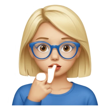 Blonde girl with brown eyes,  blue glasses saying shhhh with her finger to her lips sticker