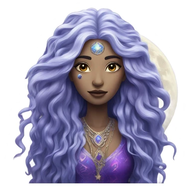 white mystical woman with sparkling galaxy hair with moon and stars in purple and blue shades sticker