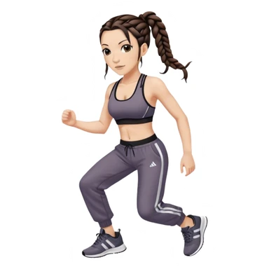 Melanie chisholm with two dark brown french braids, wearing a sports bra and track pants with sneakers sticker
