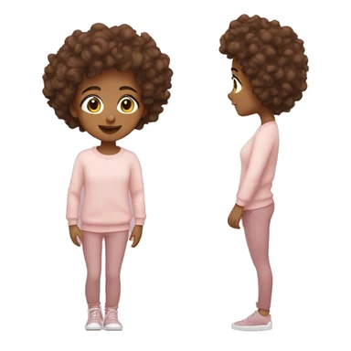 Tan skin girl with curly brown hair, brown eyes with a light pink sweater sticker