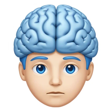 All blue adult person face emoji with a brain for hair and calm content expression sticker