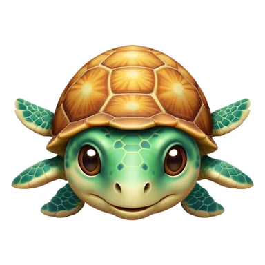 Cinematic Cute Sea Turtle Portrait Emoji, Head tilted playfully and inquisitively, featuring a charming, compact form with a beautifully patterned, domed shell and gentle, sparkling eyes full of oceanic wonder, Simplified yet irresistibly adorable features, highly detailed, glowing with a warm, friendly sea glow, high shine, affectionate and lively, stylized with a touch of whimsical marine charm, soft glowing outline, capturing the essence of a mischievous yet loving sea turtle that seems as if it could swim out of the screen into your arms! sticker