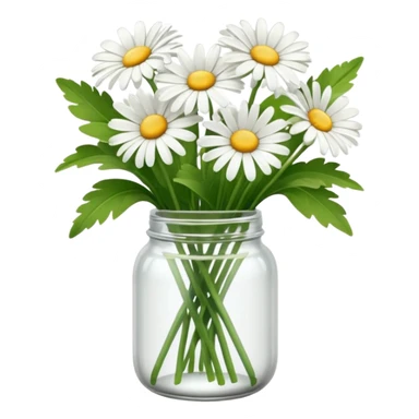 bouquet of daisies in a glass jar, green sticker