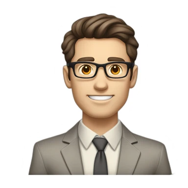 Pale skinned fit man with dark brown hair in gray jacket, beige office shirt, brown tie, brown pants and vintage glasses Writing on the flipchart sticker