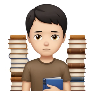 generate a pretty bratz fair skinned boy with short black hair wearing a brown tshirt surrounded by books n looking very sad sticker