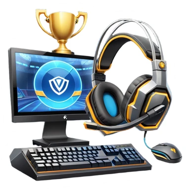 An icon featuring a gaming setup with a high-tech monitor displaying a competitive game, a keyboard, and a gaming mouse. The design includes a headset and a trophy, symbolizing victory and skill in esports. Transparent background highlights the energy and precision of professional gaming. sticker