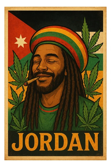 A digital vintage-style poster illustration of a Jordanian Rasta man with dreadlocks, wearing a red, yellow, green striped tam hat. He is smiling peacefully with a lit herbal spliff in his mouth. The background features the official Jordan flag — black, white, green horizontal stripes with a red triangle and a white 7-point star — accurately displayed behind him. Cannabis leaves are tastefully arranged around the composition, and the poster includes Rasta color textures blended with the Jordanian palette. Use a retro poster style with warm, slightly aged textures, bold outlines, and soft shading to evoke a soulful reggae vibe that honors both Jordanian pride and Rasta spirit. The mood is chill, powerful, and respectful sticker