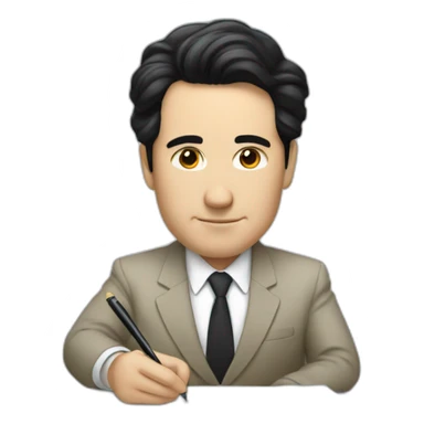 a white politician with black hair signing a paper sticker