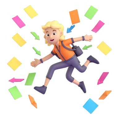 3D icon of a jumping character multitasking, arrows pointing in multiple directions, energetic motion, playful chaos, dynamic planning style, floating sticky notes, spark effects, vibrant lighting, bright colors sticker