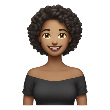 The girl has curly dark hair tied back and a cheerful expression, radiant smile skin tone medium, wearing minimal makeup. off-the-shoulder dark sweatshirt sticker