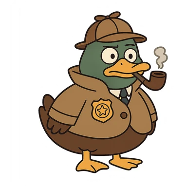 mallard duck as a detective, cute and chubby, with a pipe and a detective badge, playful cartoon style sticker