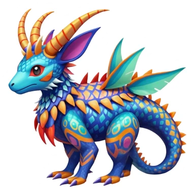 Colorful Exotic La Creatura Pokémon-Fakémon-hybrid-creature (full body) with tribal intricate splash-markings and patterns and furs and scales and spikes and fins and horns  sticker