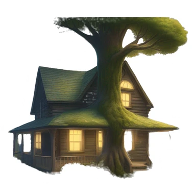  very very big Cabin near a big tree.  Thick moss growing on the roofs. grass fields. porch lights turned off. bright white interior lights turned on. guests sitting in chairs on the porch, flowers and bushes are yellow and blue. sticker
