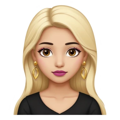 Sweet Indian girl blond long hair darkbrow  eyes brown/pink lipstick blush, black top gold earrings brown eyebrows  sticker